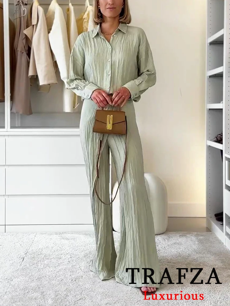 TRAFZA Vintage Women Pleat Suit Single Breasted Long Sleeve Shirt Asymmetrical Side-tierred Long Pants Fashion 2024 Summer Sets