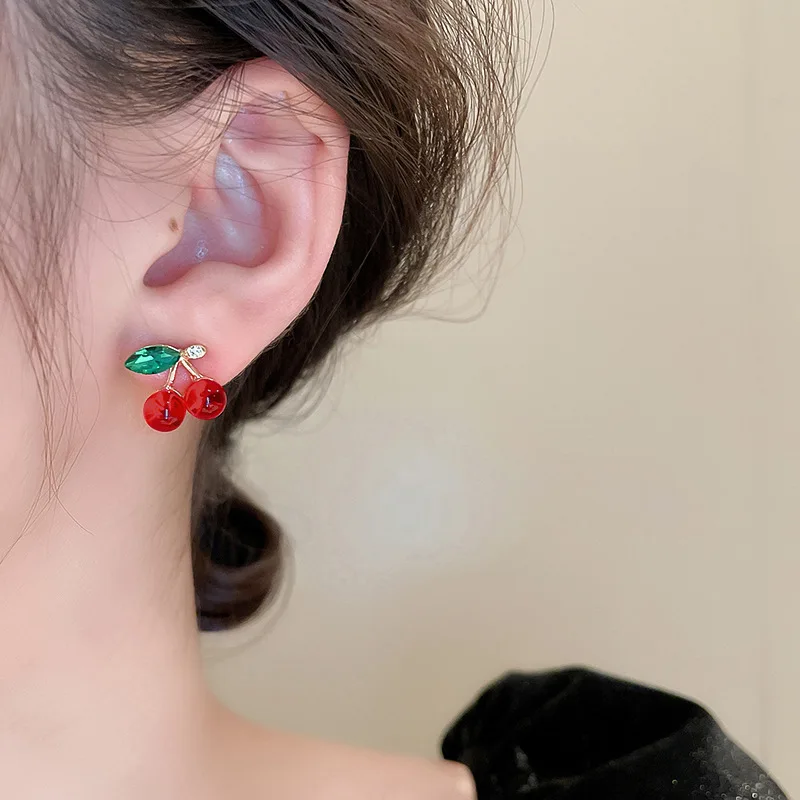 Sweet Rhinestone Glass Cherry Fruit Stud Earrings for Women Girl Exquisite Versatile Fashion Accessories