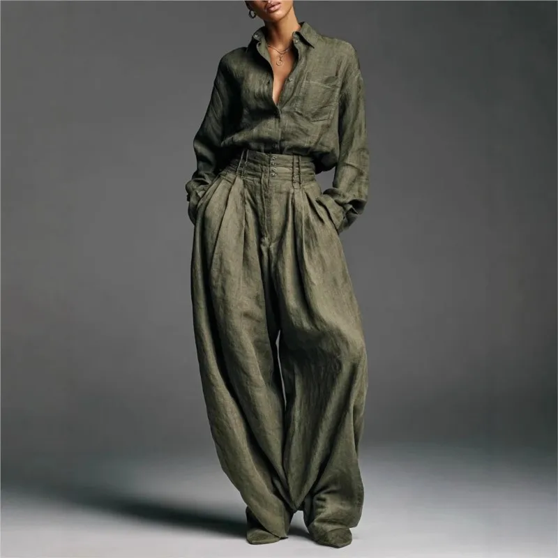 

Pants Sets Elegant Fashion 2 Piece Sets Woman Outfit Lapel Neck Long Sleeve Shirt Wide Leg Solid Work Trousers Suits Tracksuit