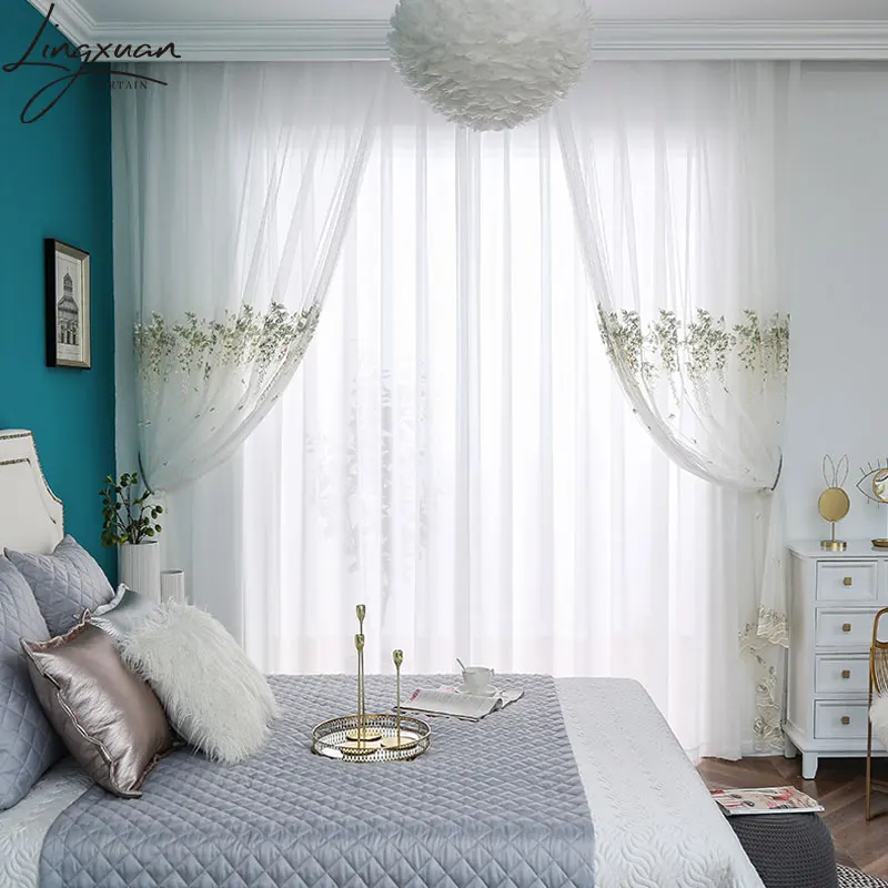 Korean Embroidered Tulle Curtains for Living Room Floral Sheer Voile Curtain For Bedroom Kitchen Window Treatment Blinds Customs