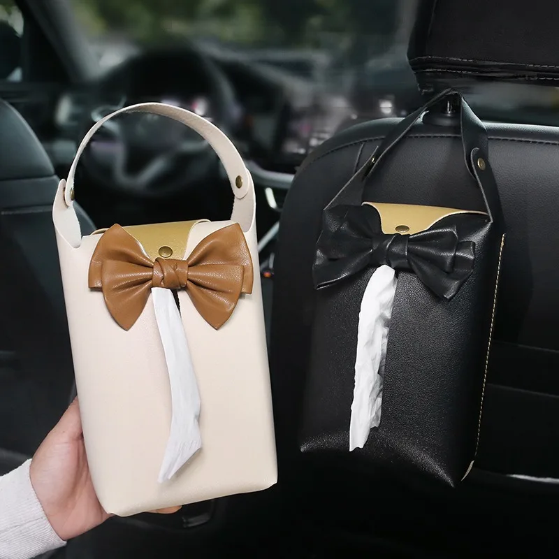 

Car Seat Back Tissue Storage Box Holder For Women Pu Leather Bowknot Auto Backseat Hanging Paper Tower Organizer Napkin Pocket