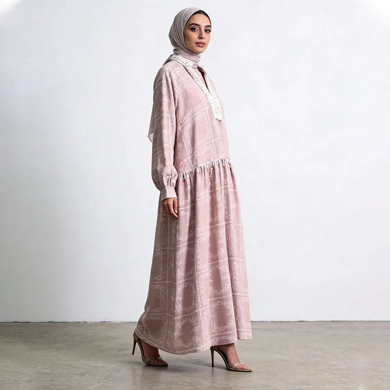 Fashion Spring New V-Neck Dress Lantern Sleeve Lace Patchwork Dark Pattern Jacquard Loose Fit Long Skirt French Retro Casual