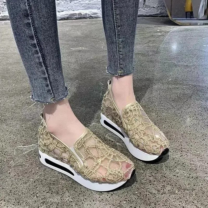 Women\'s sneaker 2024 Summer Mesh Breathable Sequin Shoes Wedges Fashion Casual Shoes Women Platform Increasing Heeled Sandals