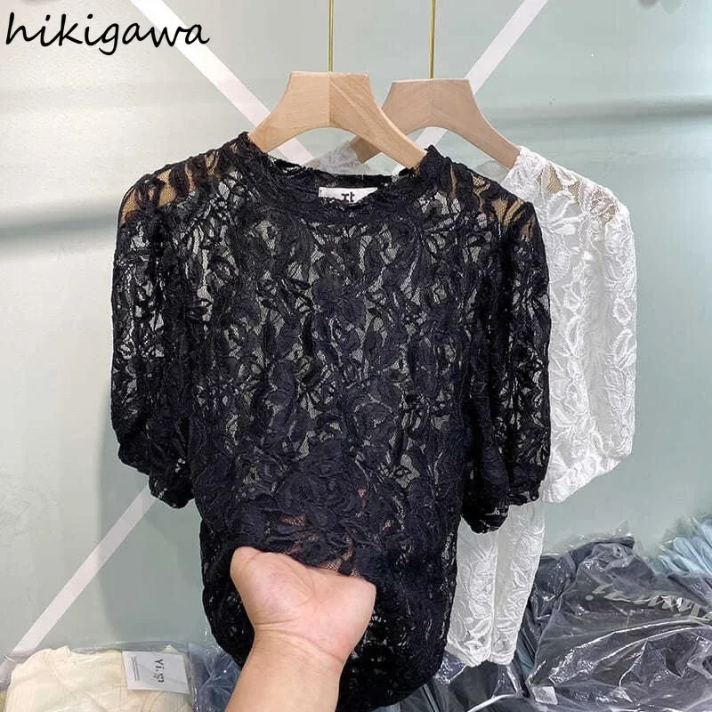 Y2k Tops Tshirts Women Short Sleeve O-neck White Tees 2025 Ropa Mujer Fashion Hollow Out Lace T Shirt See Through Summer T-shirt