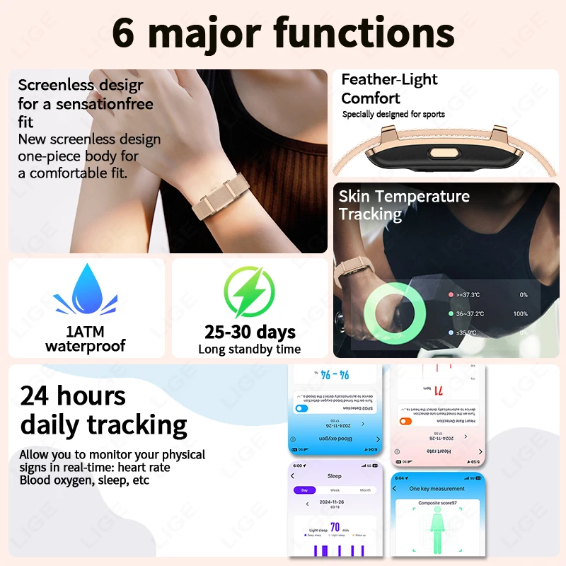 LIGE Hot Selling No Screen Smartband Heart Rate Sleep Health Tracking Body Temperature 5ATM Waterproof Call Reminder Man Woman