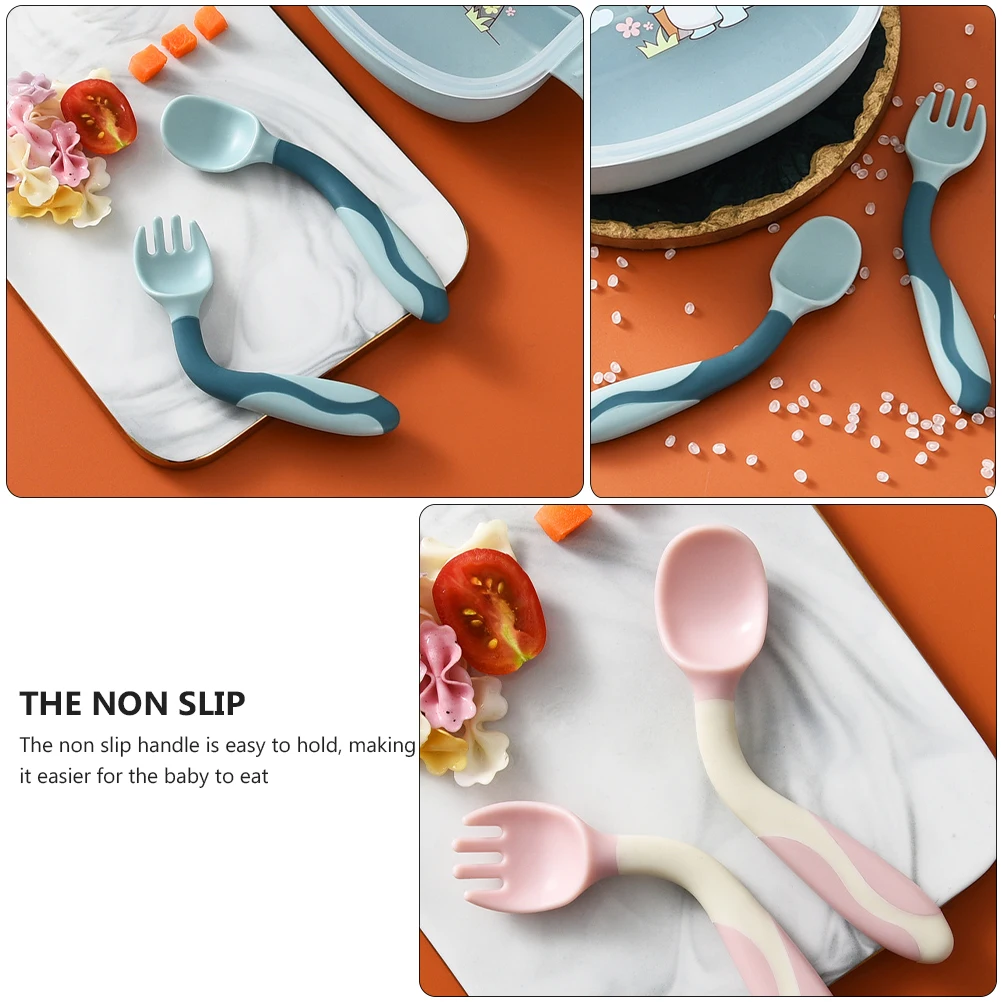 

2 Sets Silicone Baby Spoon Fork Toddler Cutlery Soft Bending Feeding Utensils Dinning Set Safe Practical Design