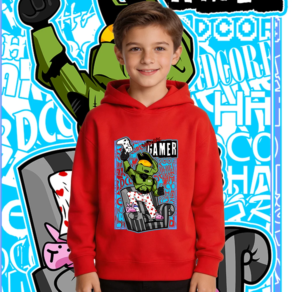 Halo Hardcore Gamer Anime Print Boys Girls Fleece Hooded Sweatshirt Warm Winter Fall Hoodie Kids Casual Pullover