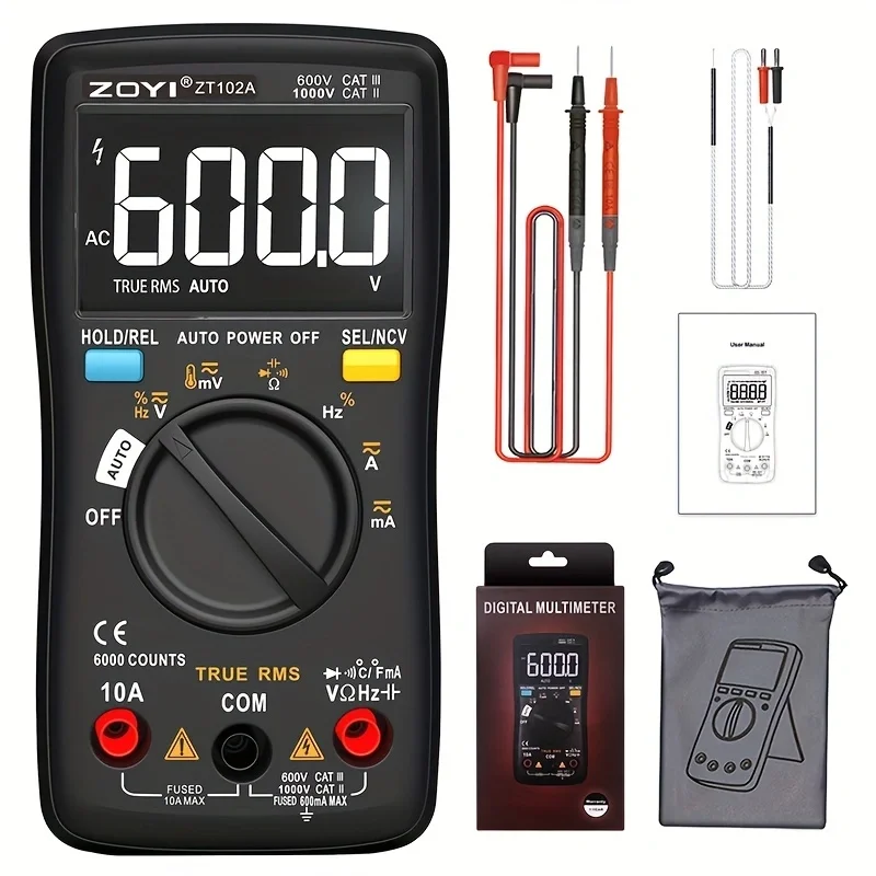 ZOYI 102A DigitalMultimeterLCD 6000 Counts Smart and Auto Model Multimeter,Ohm Volt Amp Voltage Tester,Continuity Tester fuse te