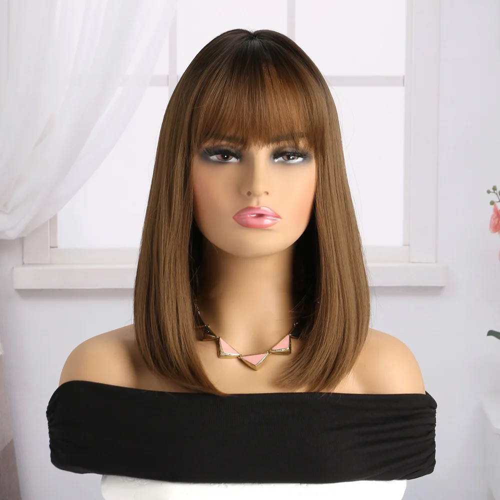 

Hot Selling Brown Straight Bob Wig with Bangs Heat Resistant Synthetic Fiber for Women Daily Party Use