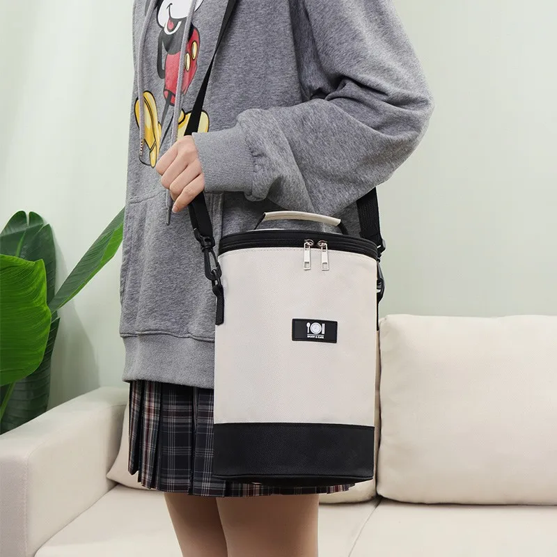 Oxford Cloth Bento Bag Student Lunch Box Handbag Thickened Round Aluminum Foil Outdoor Insulated Thermal Cylinder Meal Bag for O
