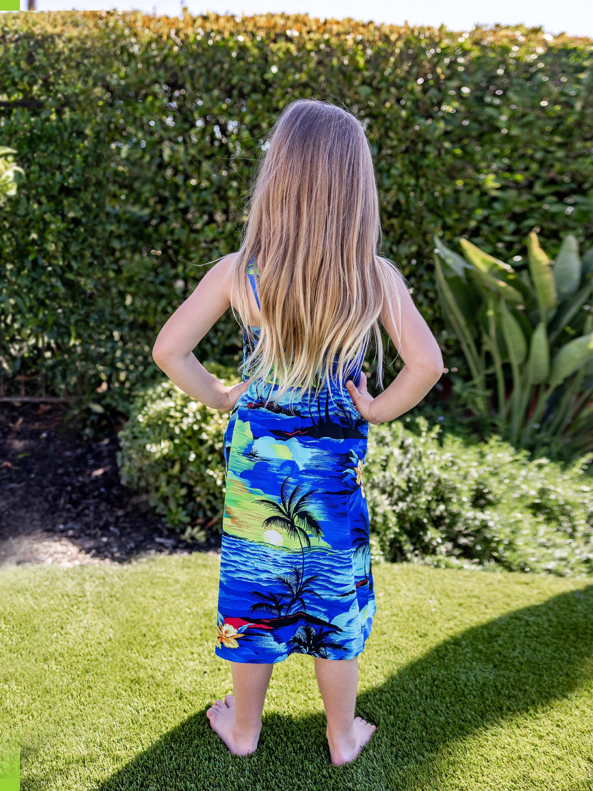 

PatPat Hawaiian Tropical Blue Palm Tree Print Girls' Dress and Dad's Shirt.
