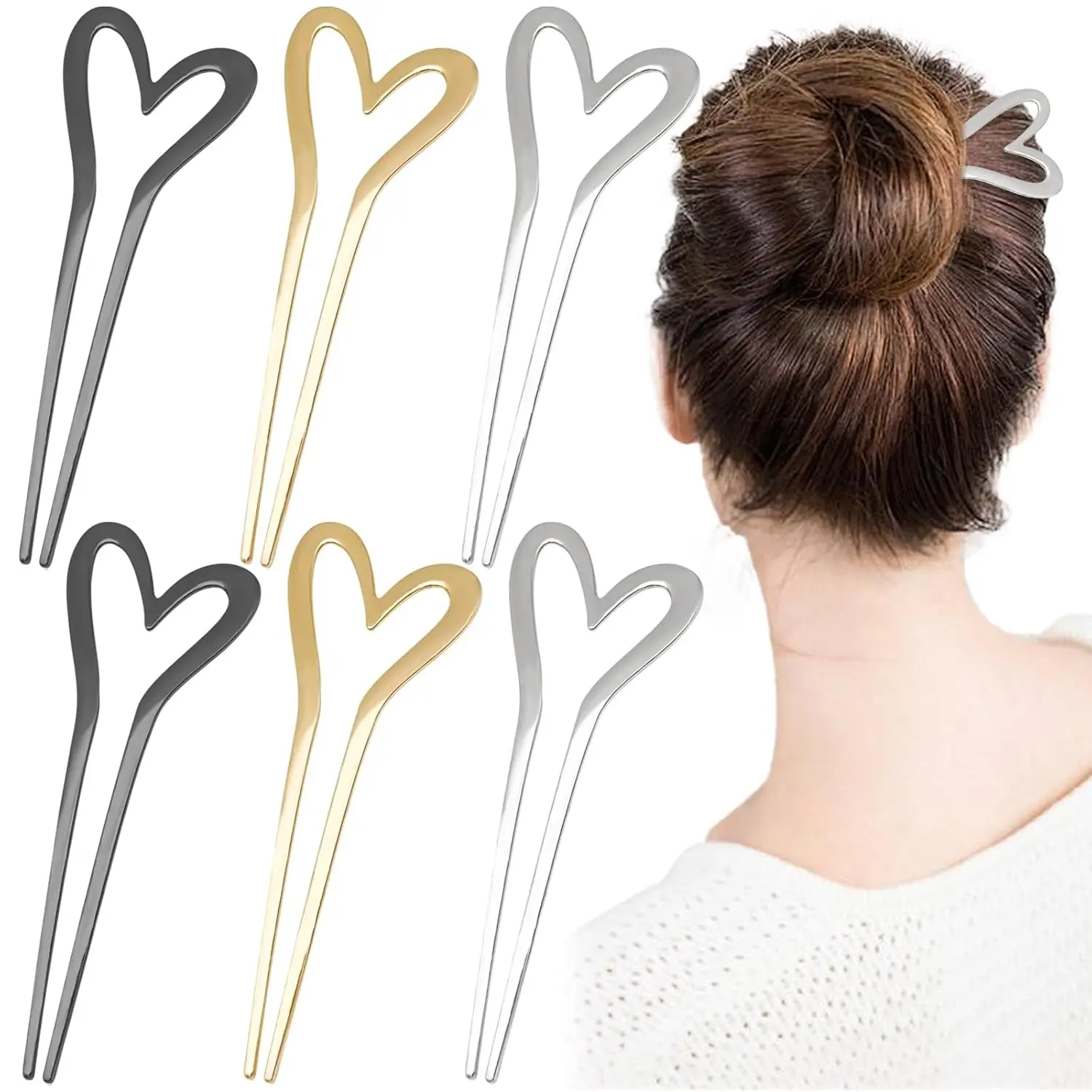 1/2 Stück Französische Vintage Metall Herz U-förmige Haarnadeln Haarstäbchen Haargabel Elegante Frisur Chignon Zubehör für Frauen Mädchen – Detail 1