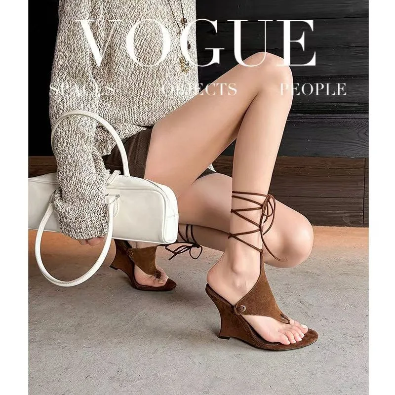Women's Suede Lace-Up Wedge Sandals Open Toe Ankle Wrap for Summer Beach Street Style Festivals & Casual Fashion Occasions