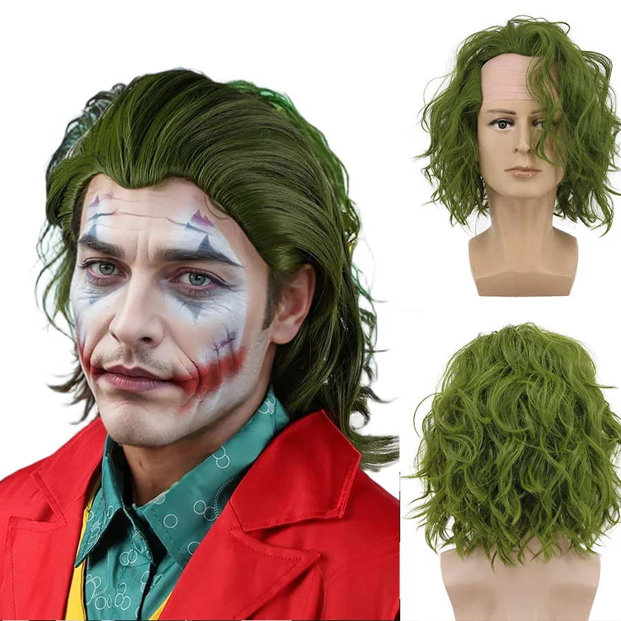 12 Inch Green Joker Cosplay Wig for Men, Male Curly Green Halloween Costume Wig for Party Cosplay