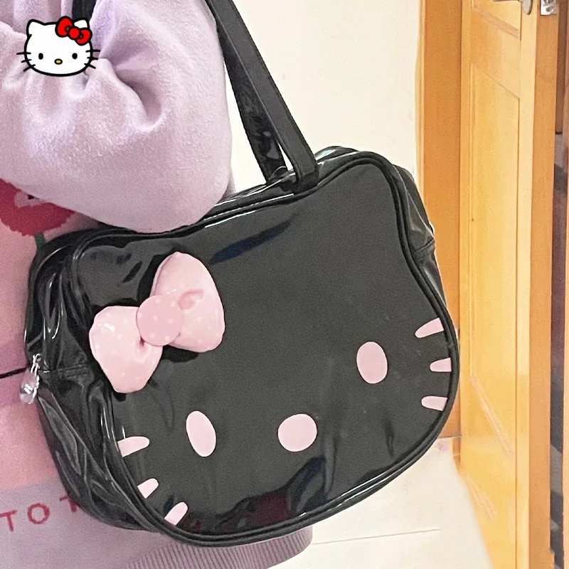 Kawaii Sanrio Hello Kitty Handbag Cute Cartoon Bow Student Large Capacity PU Shoulder Bag Girl Multifunctional Anime Storage Bag