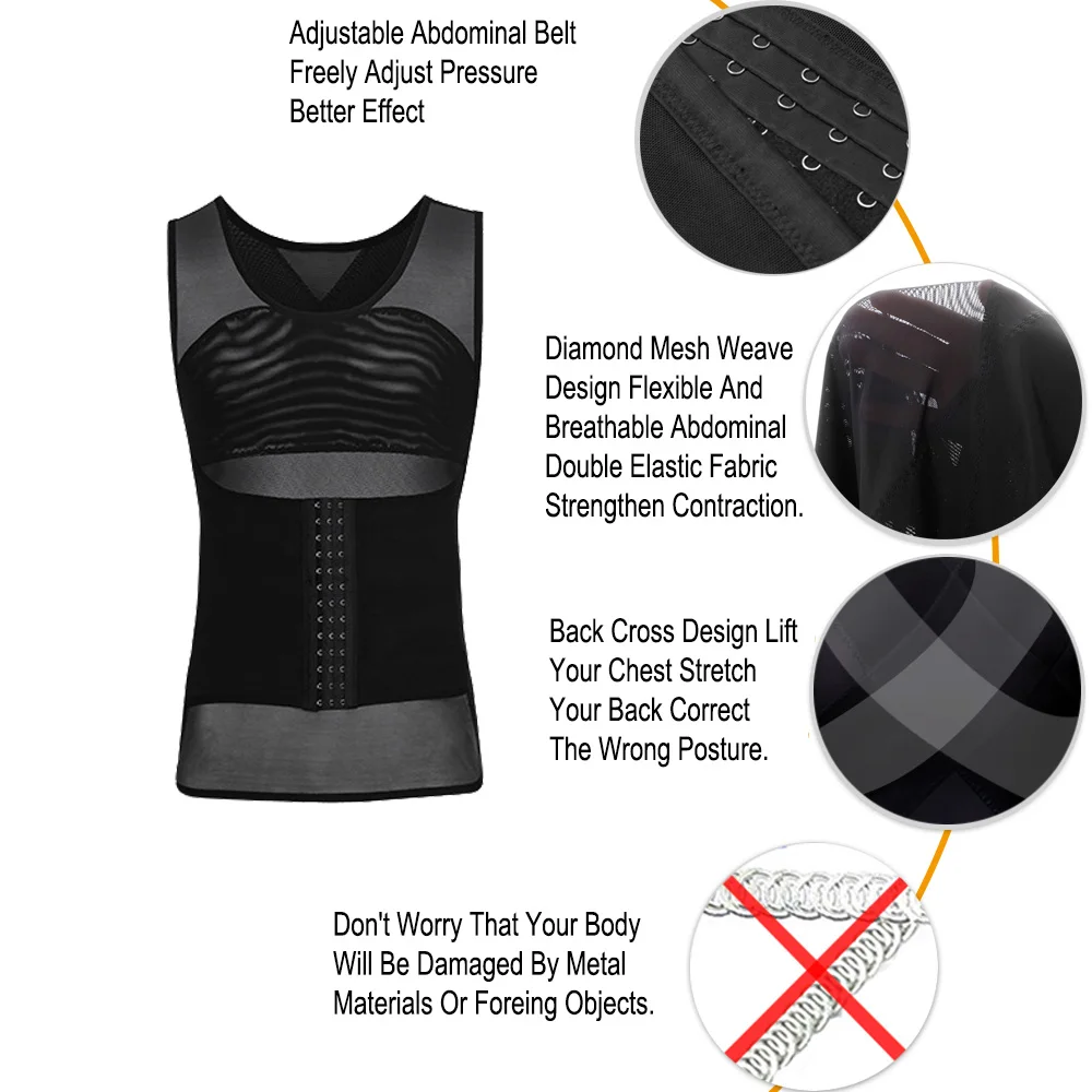 Pop Waist Trainer Muscle Girdle Shirt Men Slimming Body Shaper Tummy Vest Mesh Chain Corset Correction Abdomen Tank Top