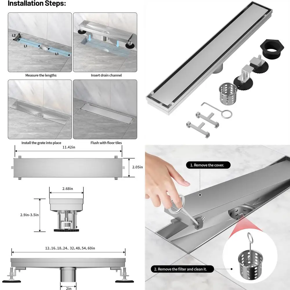 

54 Stainless Steel Linear Drain, Adjustable Feet, Hair Catcher, Install for Hidden Floor Drain - Silver