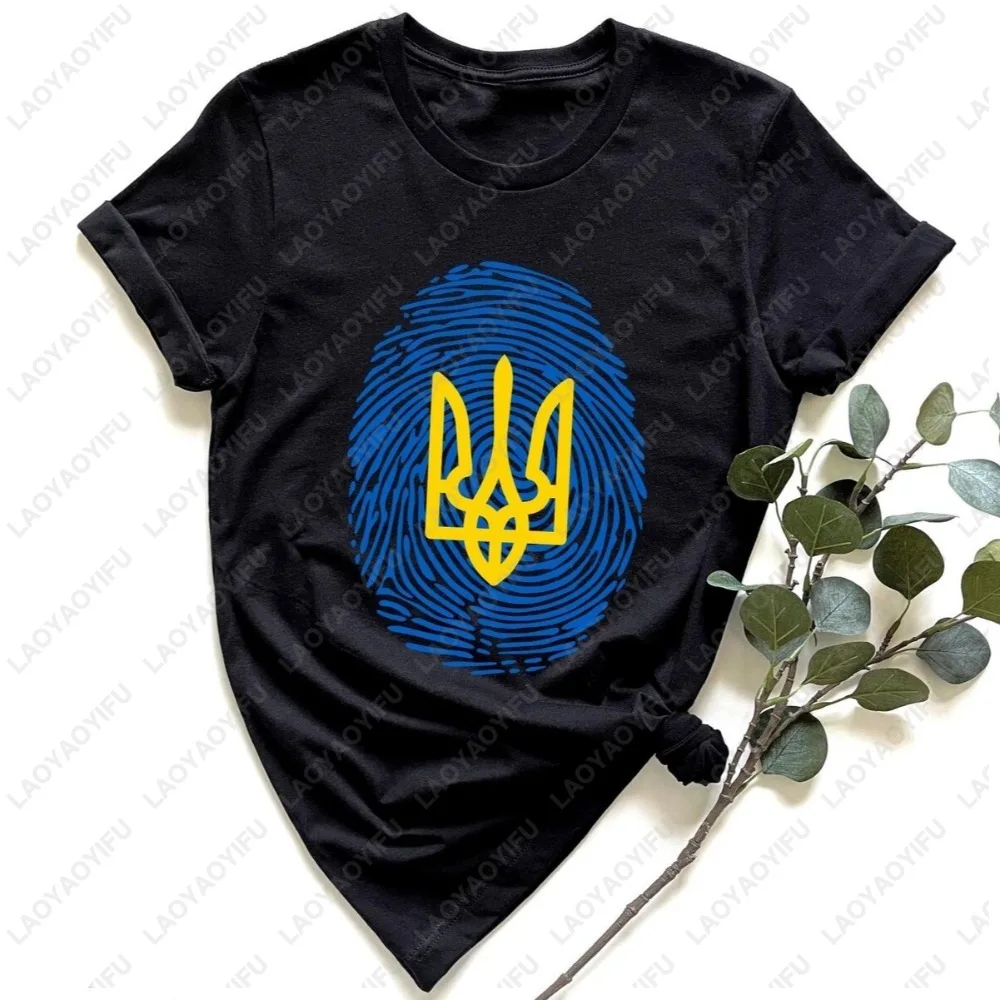 Ukraine Flag Fingerprint Graphic Printed Tshirt Support Ukrainians T Shirt Summer Short Sleeve Casual Fashion Loose Unisex Tees