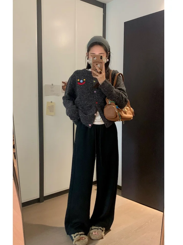 

Moizj Soft Thiened Wool Wide Leg Straight Casual Pants Women's Elastic High Waist Floor-Length Pants Comfortable Commute Sle