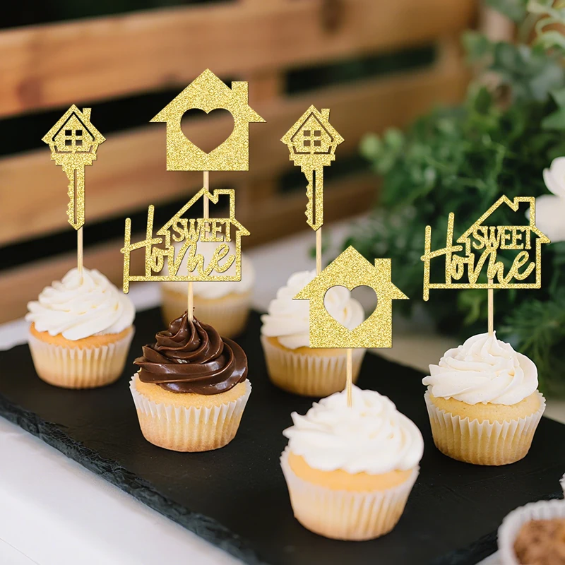 YOMDID 24 Stück Sweet Home Kuchendekorationen aus Bambus für Einweihungspartys, Cupcake-Dekorationen mit 'Sweet Home' Haus- und Schlüssel-Designs – Detail 7