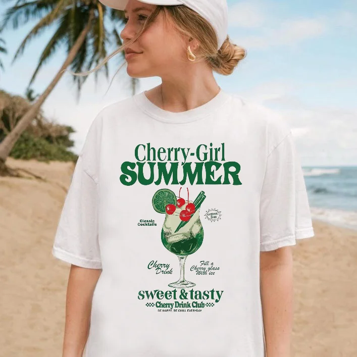 Cherry Beverage Club Pattern Cartoon Versatile Printed Basic Top Summer New Travel Women's Street White Short Sleeved T-Shirt