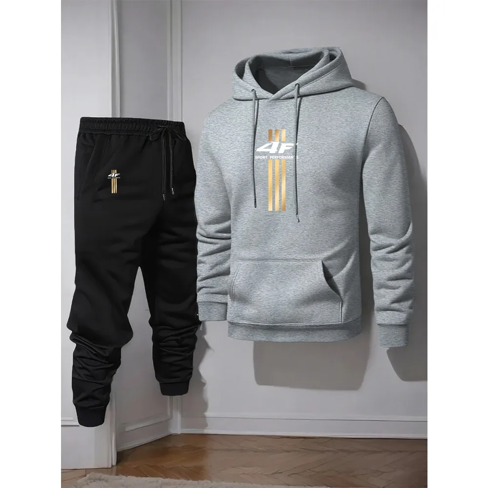 Men'S Casual Hoodie & Sweatpants Set - "4F" Graphic Print, Polyester Knit, Elastic Waistband, Geometric Pattern, Regular Fit,