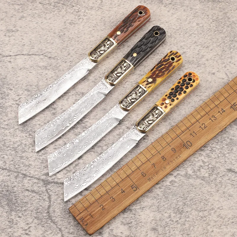 

Damascus Steel Sharp Small Fixed Blade Knife Cowbone Handle Outdoor Camping Survival EDC Tool Collection Knife With Leather Case