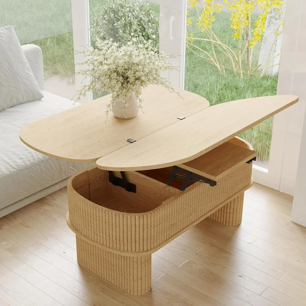 

Lift Top Coffee Table with Large Storage, Lift Up Converts to Dining Table, Fluted Living Room Table Oval Wood Center Table for