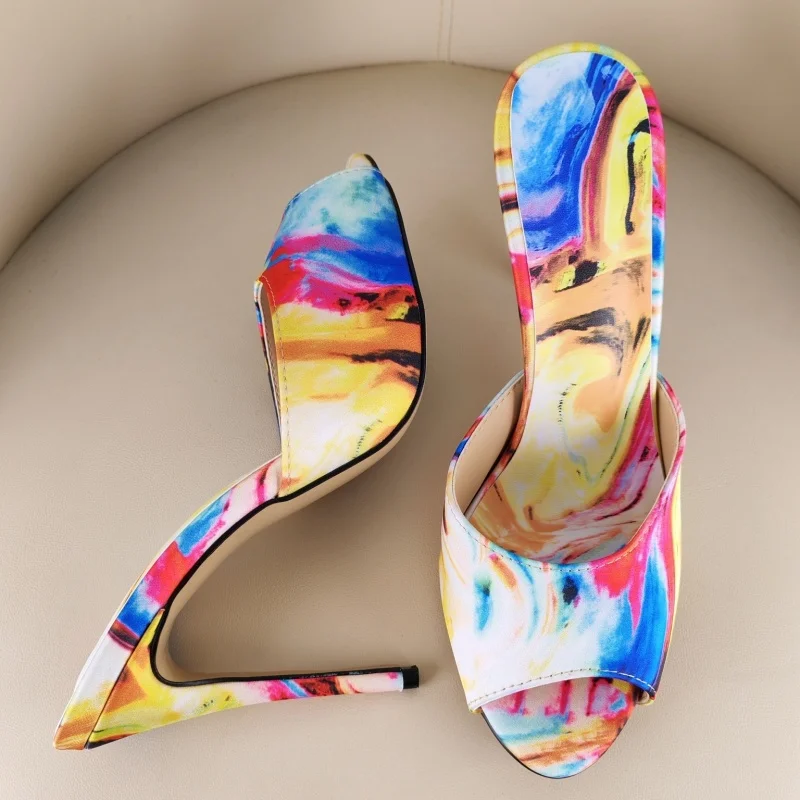 

Красочные туфли-мюли на шпильке с абстрактным принтом, женские полуботинки с открытым носком, без застежек, для вечеринок, размер 43