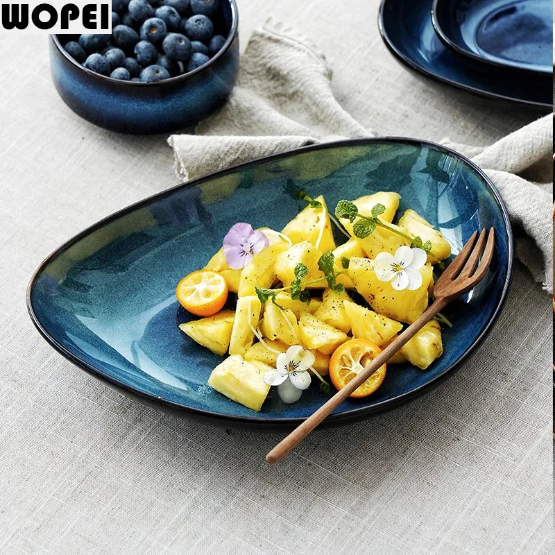 Kiln Change Triangle Deep Plate Ceramic Sushi Dim Sum Dish Salad Plate Sashimi Dish Thick Soup Plate Retro Japanese Tableware