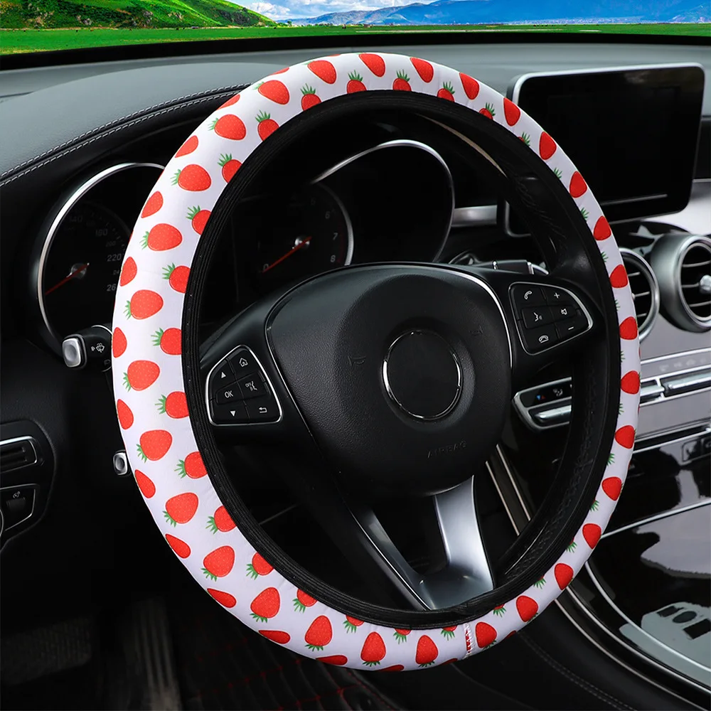 Car Steering Wheel Cover Strawberry Flower Diving Material For Women Girls Elastic Universal Auto Accessories Interior