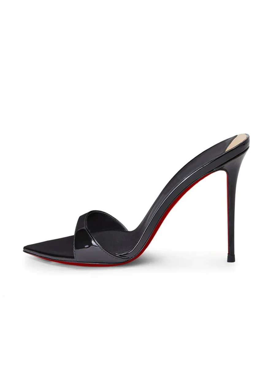 New pointed black red soled high-heeled shoes for women, high-heeled sandals with a niche temperament, worn as half slippers