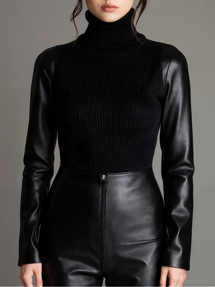 

PU Leather Patchwork Knit High Neck Sweater for Women Slim Elegant Office Lady Turtleneck Pullover Knitted Tops Autumn