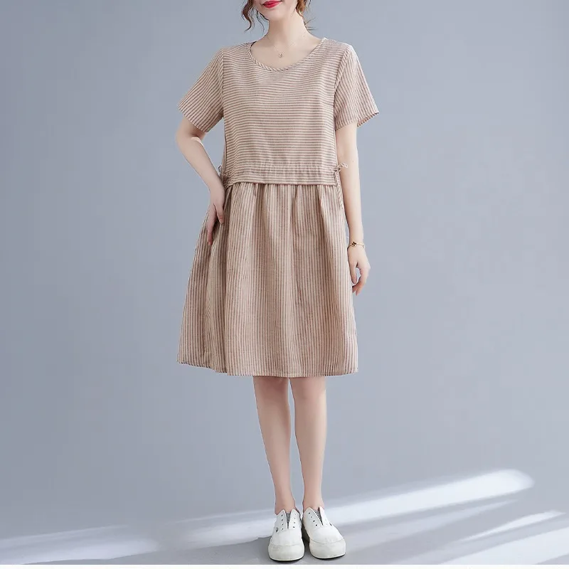 Pure Cotton Striped Women\'s New Summer Pullover Round Neck Loose and Slimming A-line Tied Pocket Casual Short Sleeved Dress