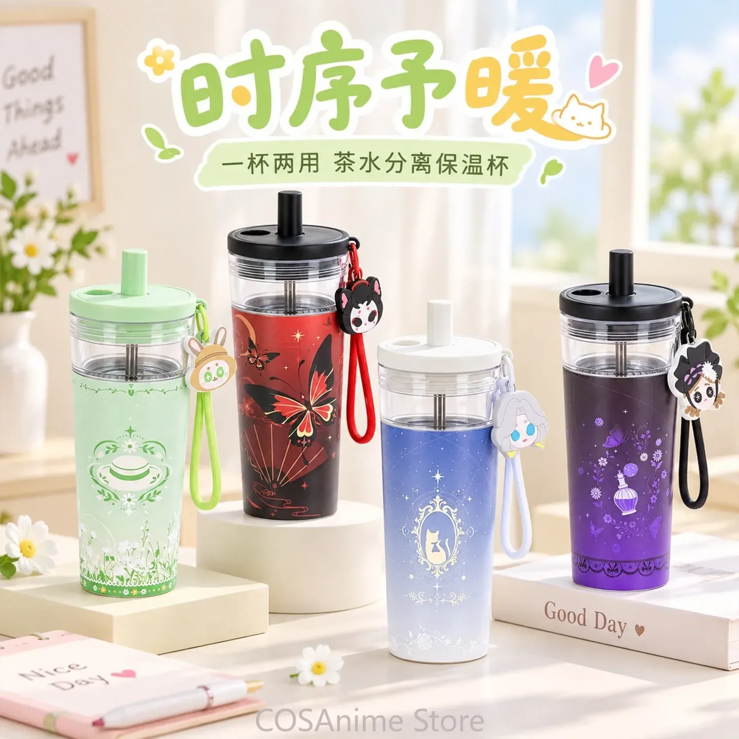 Identity V, fotógrafa Emma Woods, geisha, perfumista, cosplay de juego, taza de acero inoxidable 316 de 710 ml, taza térmica y para bebidas frías, taza con pajita.