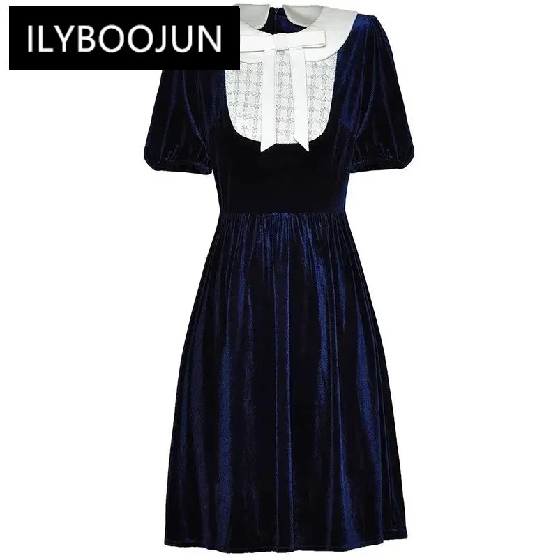 

ILYBOOJUN Fashion New Women's Peter Pan Collar Bow Short-Sleeved Sequin Nail Beads High-Waisted Velvet Vintage MIDI Short Dress