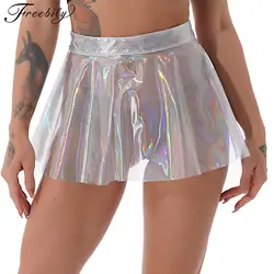 Womens Skirts Shiny Glossy High Waist Zipper Miniskirt See-through Flared Mini Skirt for Music Festival Club Rave Party Clubwear