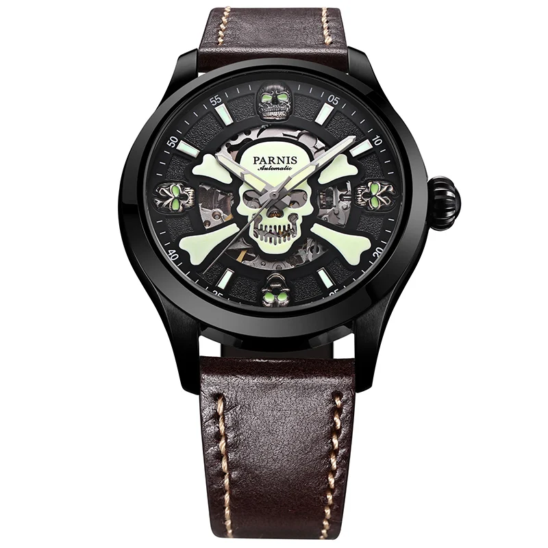 Neue parnis 42mm vintage zifferblatt mechanische männer leuchtende automatische uhr leder armband saphirglas uhr für männer reloj hombre