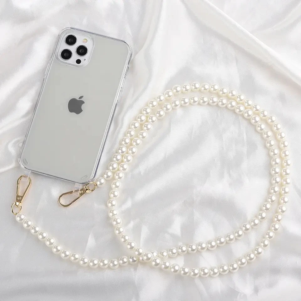 Pearl Crossbody Lanyard Strap Chain Phone Case For iPhone 15 Plus 15 12 13 Pro Max Mini 8 7 6 Plus Xr X Xs Max SE Clear Cover