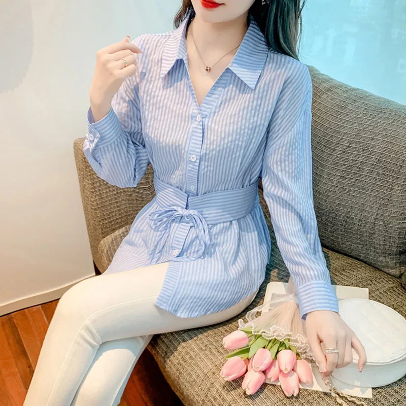 Spring and Summer Striped Shirt Women\'s Fashion New Style Elegant Temperament Long-sleeved Shirt Single-breasted Chic Top Shirt