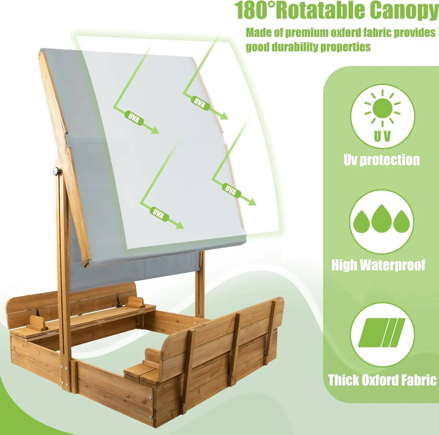 Wooden Sandbox with Lid, Kids Sandbox with Canopy Outdoor, Sandboxes with Covers Foldable Bench Seats for Backyard, UV-Resistant