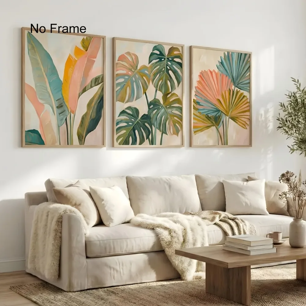 3pcs Frameless Colorful Tropical Plant Leaf Posters,Banana Monstera Palm Leaf Prints,Bohemian Mid-century Abstract Plant Decor