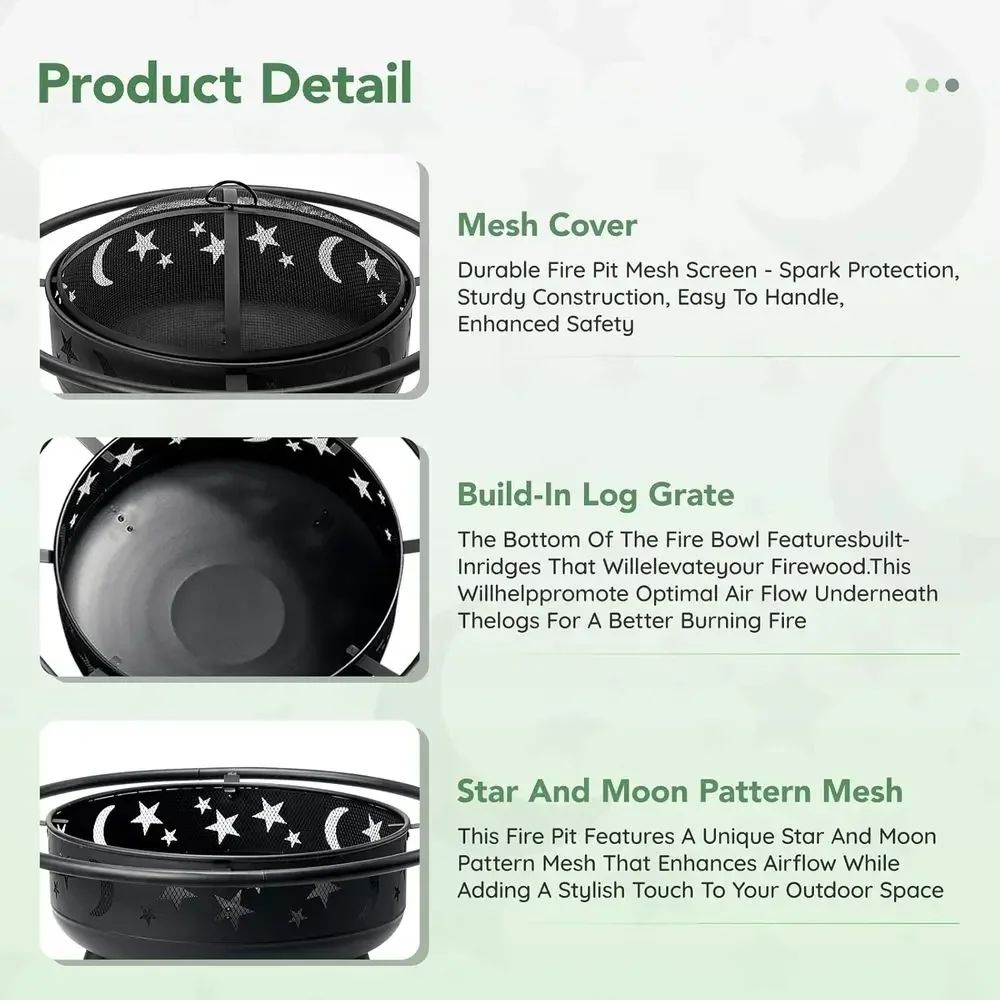 32 Inch Round Outdoor Fire Pit with Mesh Cover, Fire Poker, Star and Moon Design, Perfect for Backyard, Patio, and Seasonal Cele