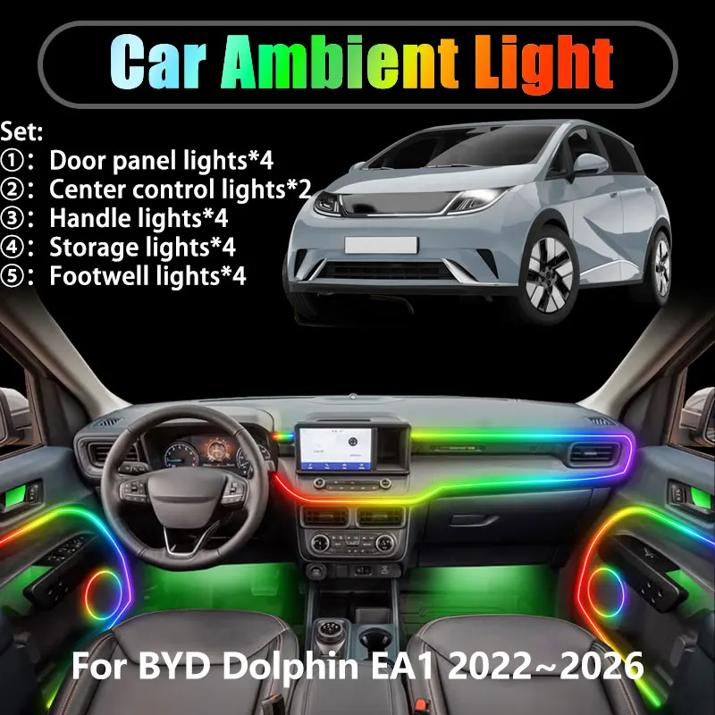 

For BYD Dolphin EA1 2021 2022 SUV 2/18 in 1 Car ambient lighting Led trunk interior led lights USB RGB Ensemble Streamer Auto