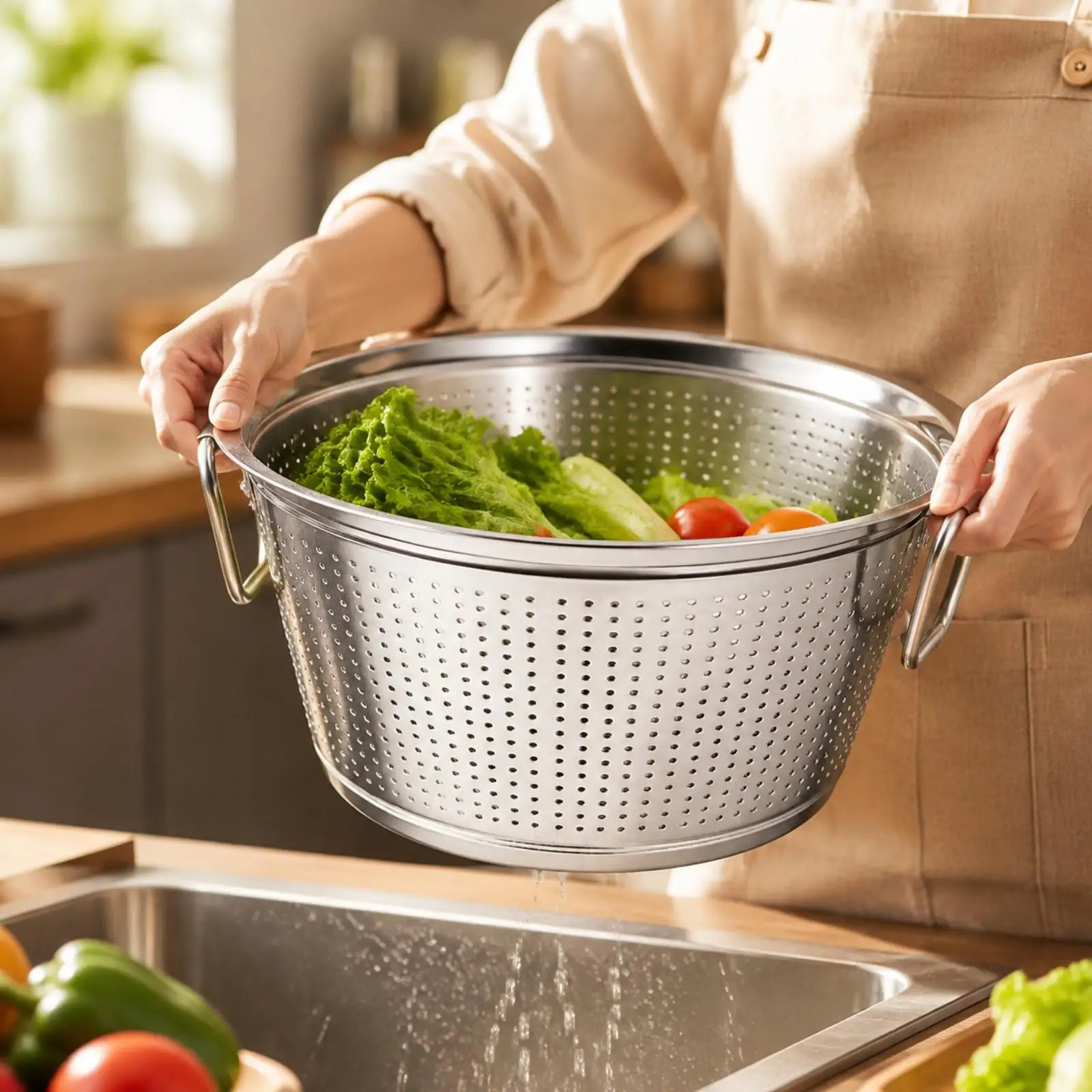 Multi Purpose Rice Sieve Colander for Washing Grains and Produce with Evenly Distributed Holes for Fast Flow