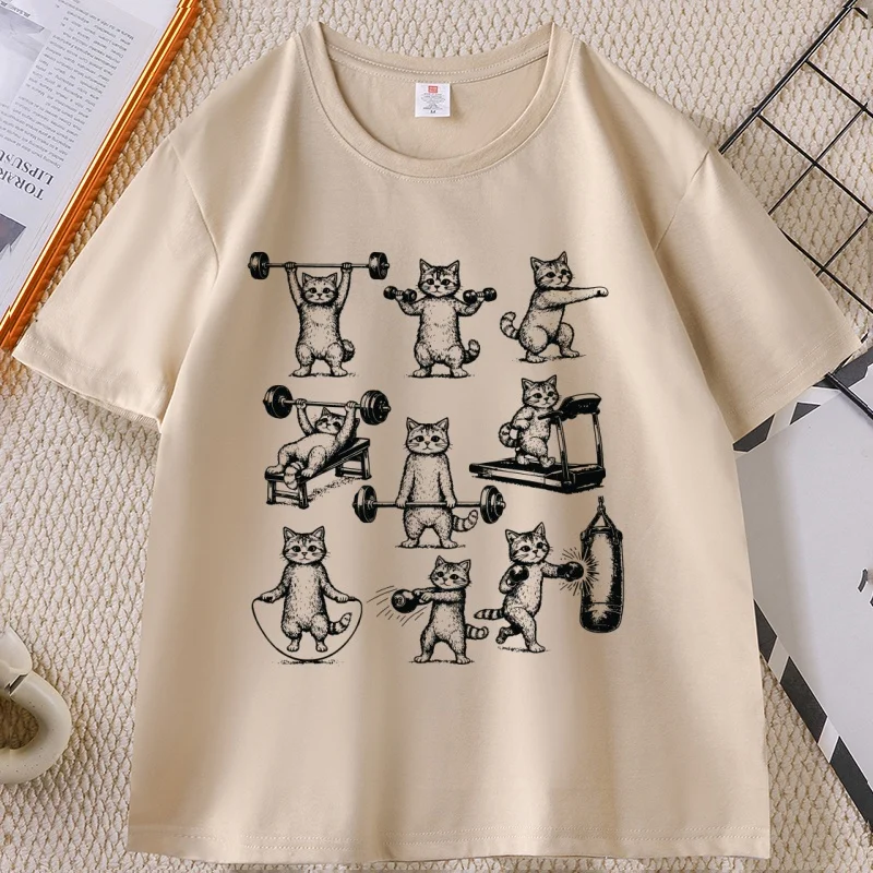 Funny Cats Gym T Shirt Men Women Cat Workout T-Shirt Weight Lifting Gym Cat Tee O Neck Short Sleeve Tee Shirt Man Clothing
