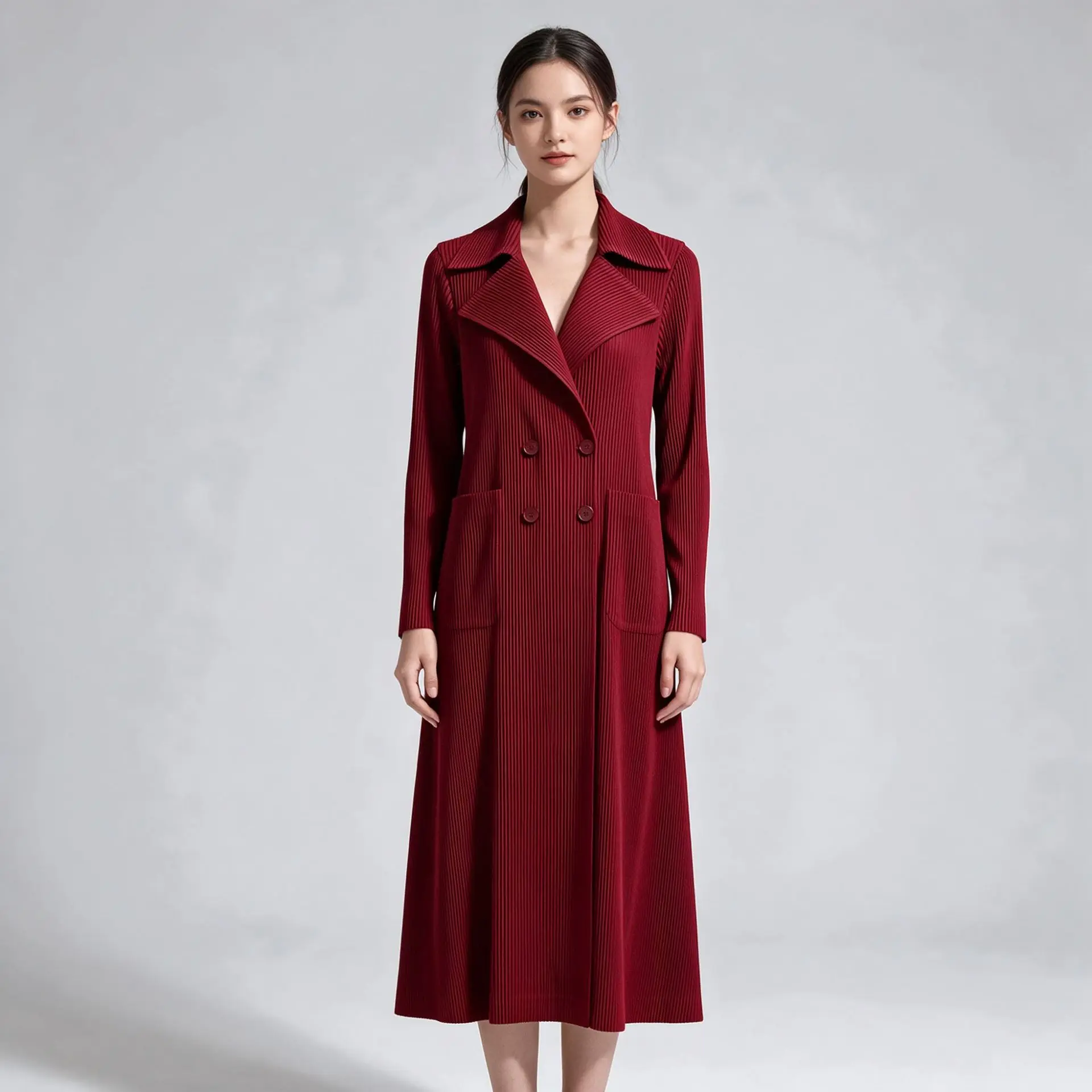 Miyake Women Pleated Midi Dress Lapel Double Breasted Long Sleeve Striped A Line Elegant Formal Wedding Guest Dress