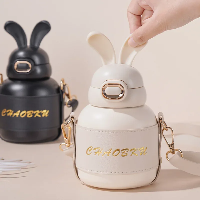 

Cute rabbit ears stainless steel thermos bottle, potbelly water bottle with straw, vacuum flask, straw cup