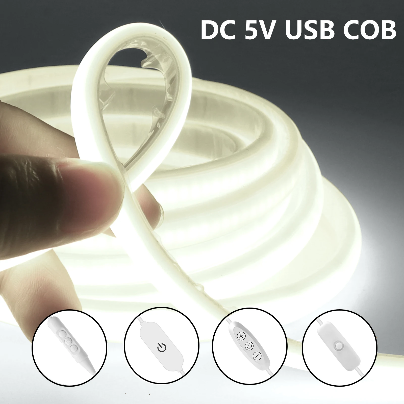 5V COB Neon Strip with ON/OFF Switch Touch Dimmer USB Power 320LEDs/m Dimmable Waterproof Flexible Adhesive Tape for Room Decor