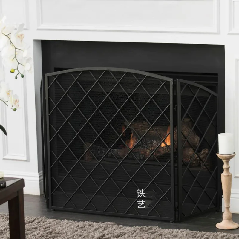 Simple wrought iron gold black fireplace screen partition three-fold fireplace door with mesh metal fence decoration